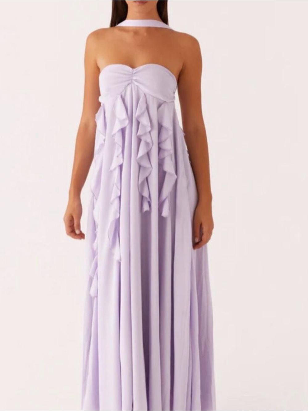 Peppermayo Lavender Strapless Ruffle Maxi Dress